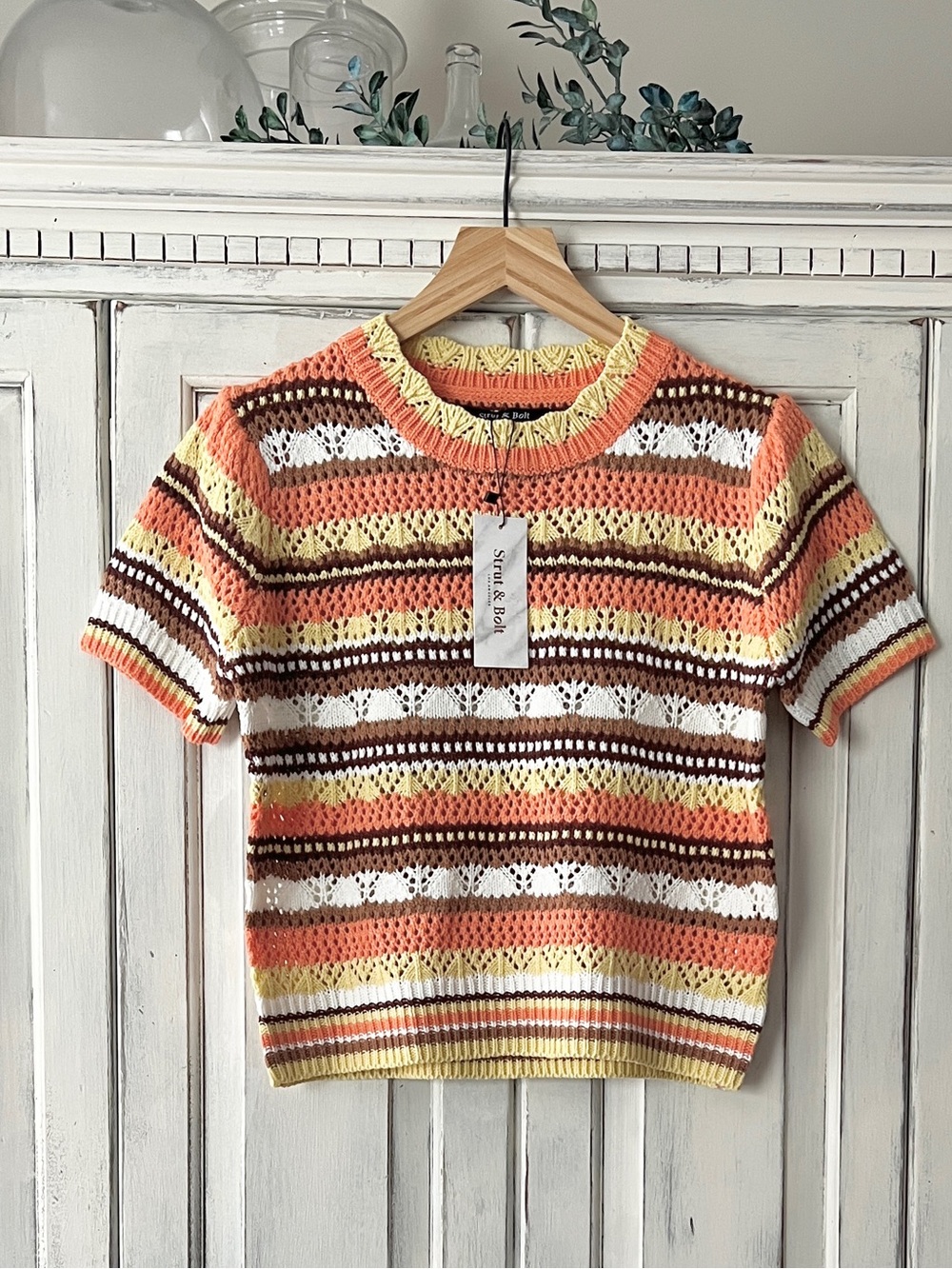 🟠NWT STRUT & BOLT Boho Short Sleeve Crochet Striped Sweater Brown/Orange/Yellow